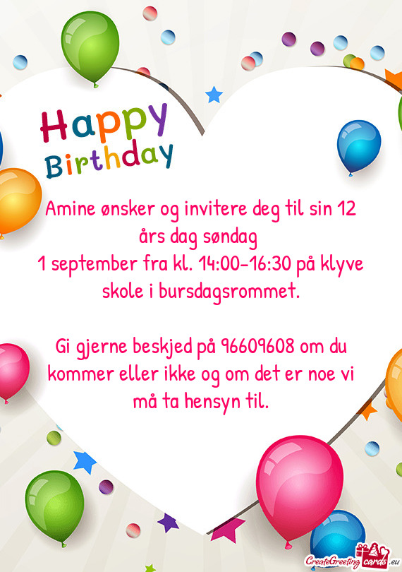 Amine ønsker og invitere deg til sin 12 års dag søndag