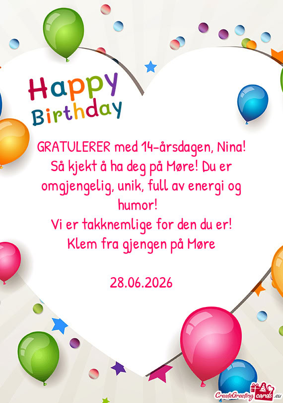 GRATULERER med 14-årsdagen, Nina