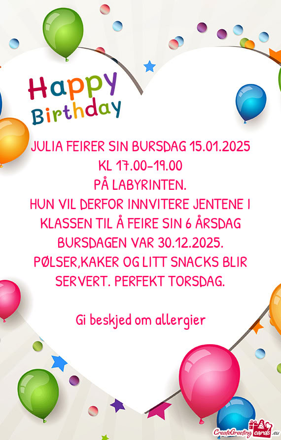 JULIA FEIRER SIN BURSDAG 15.01.2025 KL 17.00-19.00