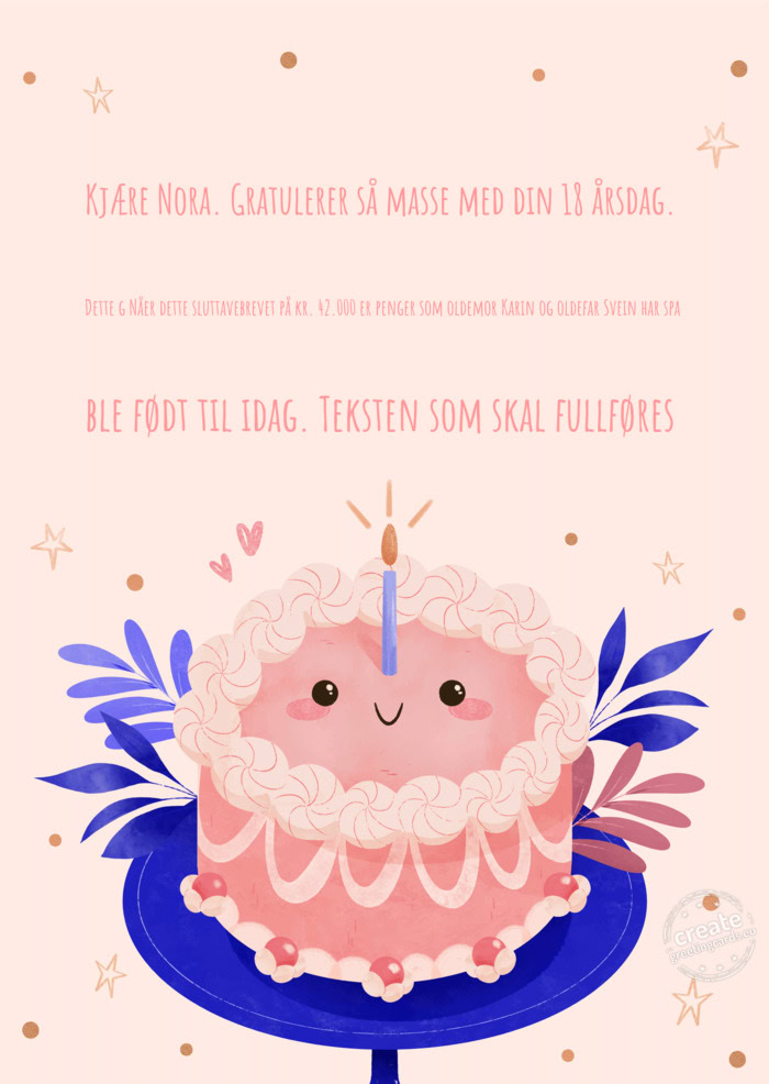 Kjære Nora. Gratulerer så masse med din 18 årsdag. Dette g Nåer dette sluttavebrevet på kr. 42