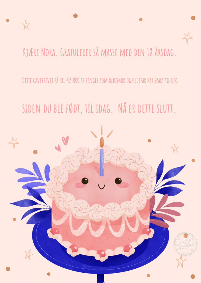 Kjære Nora. Gratulerer så masse med din 18 årsdag. Dette gavebrevet på kr. 42.000 er penger som