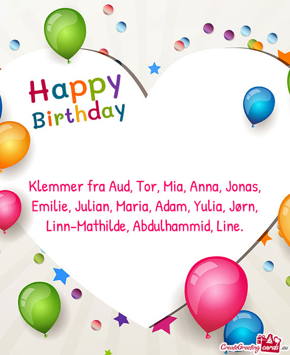Klemmer fra Aud, Tor, Mia, Anna, Jonas, Emilie, Julian, Maria, Adam, Yulia, Jørn, Linn-Mathilde, Ab