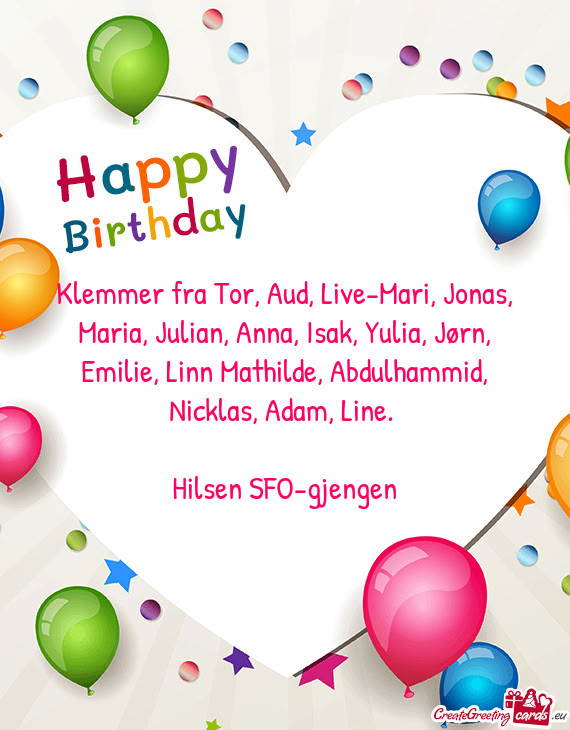 Klemmer fra Tor, Aud, Live-Mari, Jonas, Maria, Julian, Anna, Isak, Yulia, Jørn, Emilie, Linn Mathil