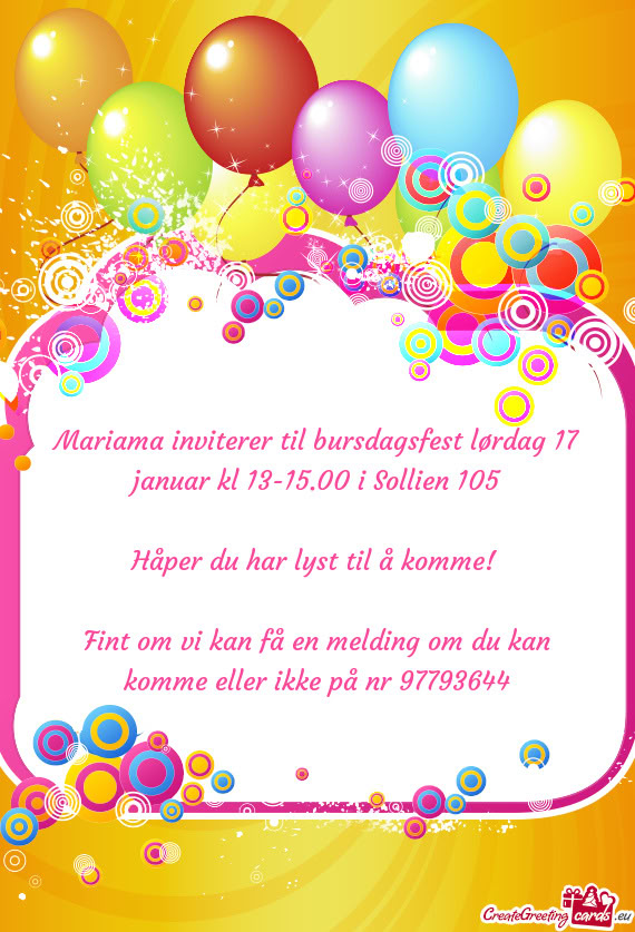 Mariama inviterer til bursdagsfest lørdag 17 januar kl 13-15.00 i Sollien 105