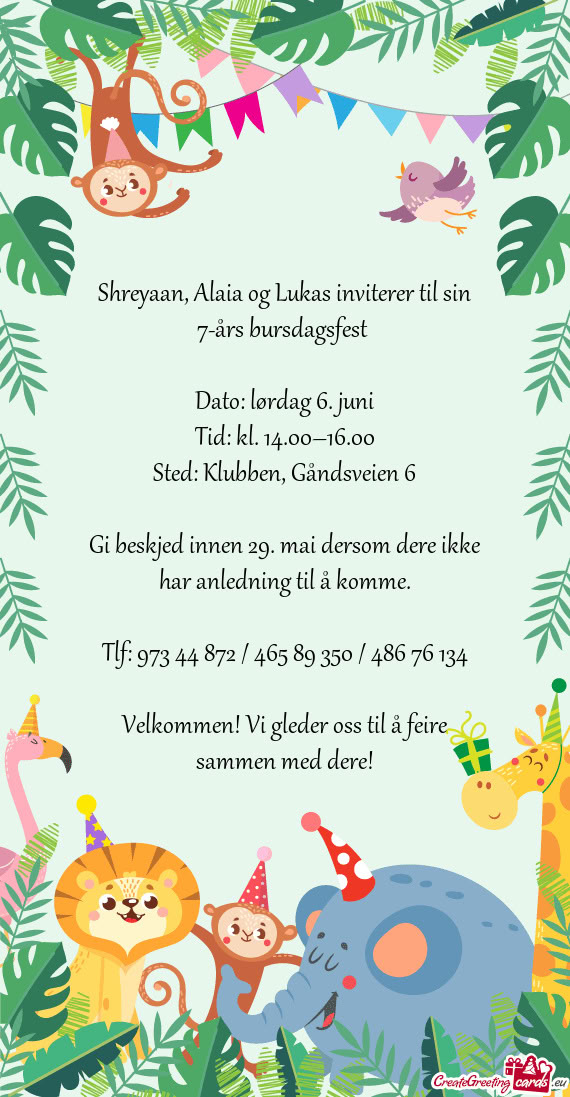 Shreyaan, Alaia og Lukas inviterer til sin 7-års bursdagsfest