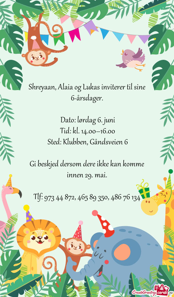 Shreyaan, Alaia og Lukas inviterer til sine 6-årsdager